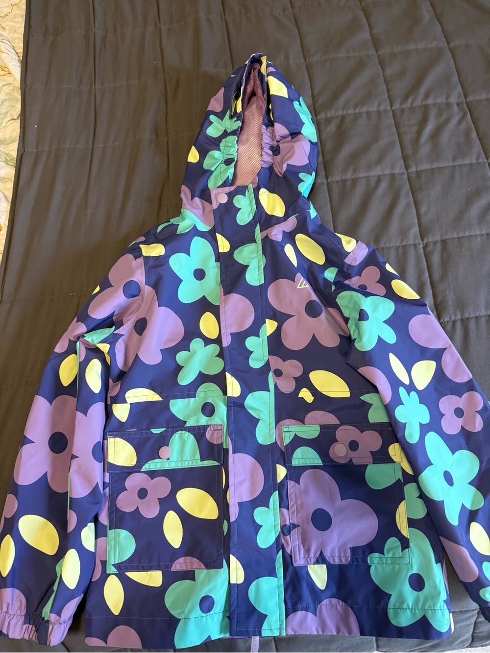 Kids Hooded Floral Raincoat in Navy, Purple, Teal & Yellow